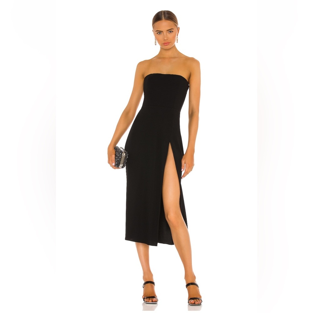 Amanda Uprichard Black Strapless Midi Dress with High Side Slit
